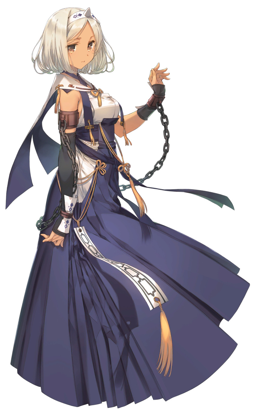 1girl, ainu_clothes, aquaplus, arm_up, armband, breasts, brown_eyes, chain, chained_wrists, cleavage, closed_mouth, collarbone, dark-skinned_female, dark_skin, dress, fingernails, from_side, full_body, gauntlets, gloves, gradient_eyes, gradient_hair, green_hair, hair_ornament, hairband, highres, horn, long_dress, looking_at_viewer, medium_breasts, medium_hair, mitsumi_misato, multicolored_eyes, multicolored_hair, official_art, shiny_skin, sideboob, sidelocks, sleeveless, solo, standing, transparent_background, utawarerumono, utawarerumono:_lost_flag, wrist_cuffs, yu-myu_(utawarerumono:_lost_flag)