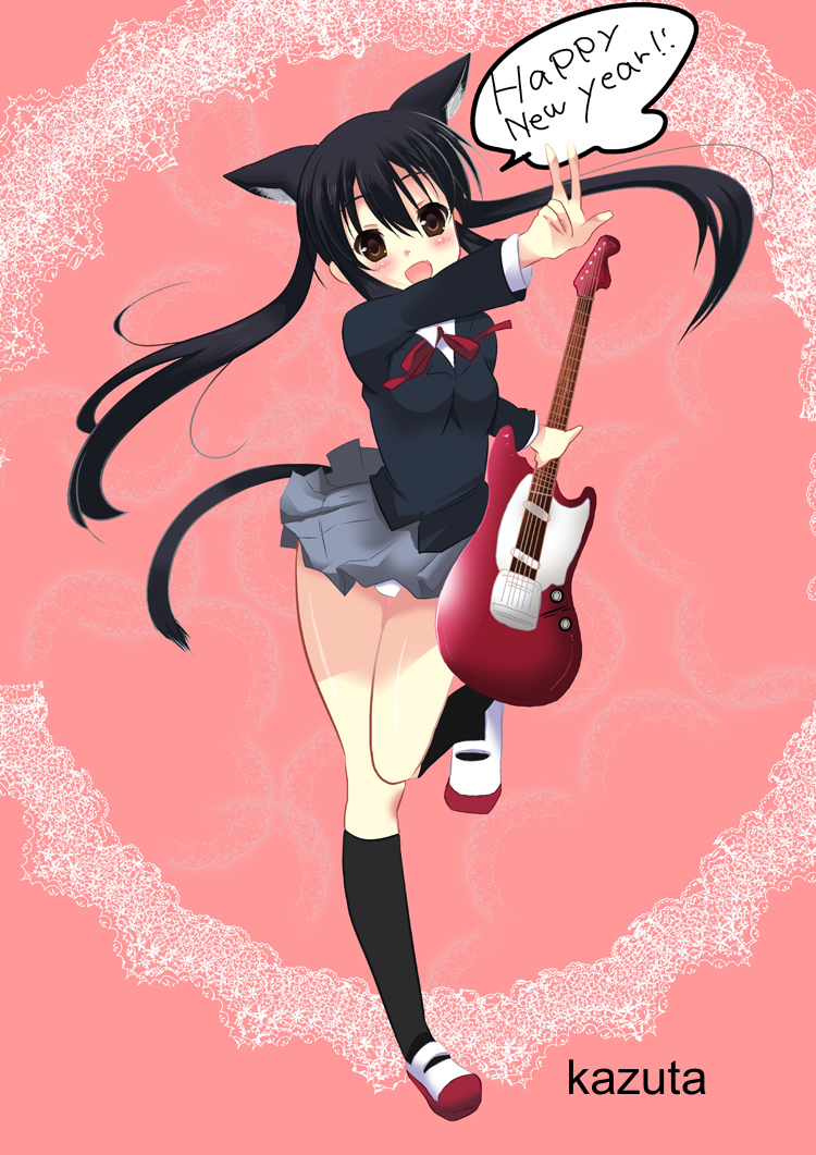 00s, 1girl, animal_ears, black_hair, brown_eyes, cat_ears, female_focus, guitar