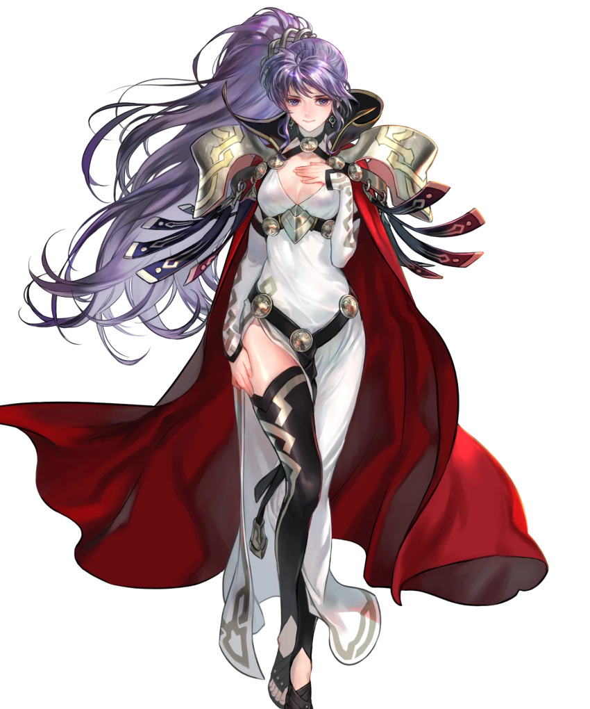 1girl, alternate_costume, armor, belt, black_boots, boots, breasts, cape, cleavage, dress, earrings, fire_emblem, fire_emblem:_genealogy_of_the_holy_war, fire_emblem_heroes, full_body, gold_trim, hair_ornament, halterneck, highres, ishtar_(fire_emblem), ishtar_(resplendent)_(fire_emblem), jewelry, long_dress, long_hair, long_sleeves, medium_breasts, nintendo, official_art, open-toe_boots, ponytail, purple_eyes, purple_hair, red_cape, shiny_skin, shoulder_armor, suzuki_rika, thigh_boots, thighhighs, thighs, toes, transparent_background, very_long_hair