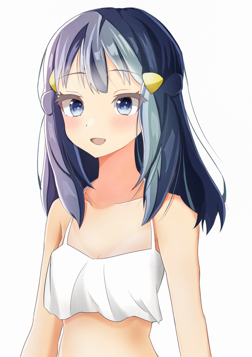 1girl, absurdres, alternate_costume, blue_eyes, blush, collarbone, commentary_request, dawn_(pokemon), eyelashes, grey_hair, hair_ornament, hairclip, highres, long_hair, nintendo, open_mouth, pokemon, pokemon_diamond/pearl/platinum, shirt, sidelocks, simple_background, sleeveless, sleeveless_shirt, smile, solo, tongue, tsunamayo_(tsuna_art27), upper_body, white_background, white_shirt