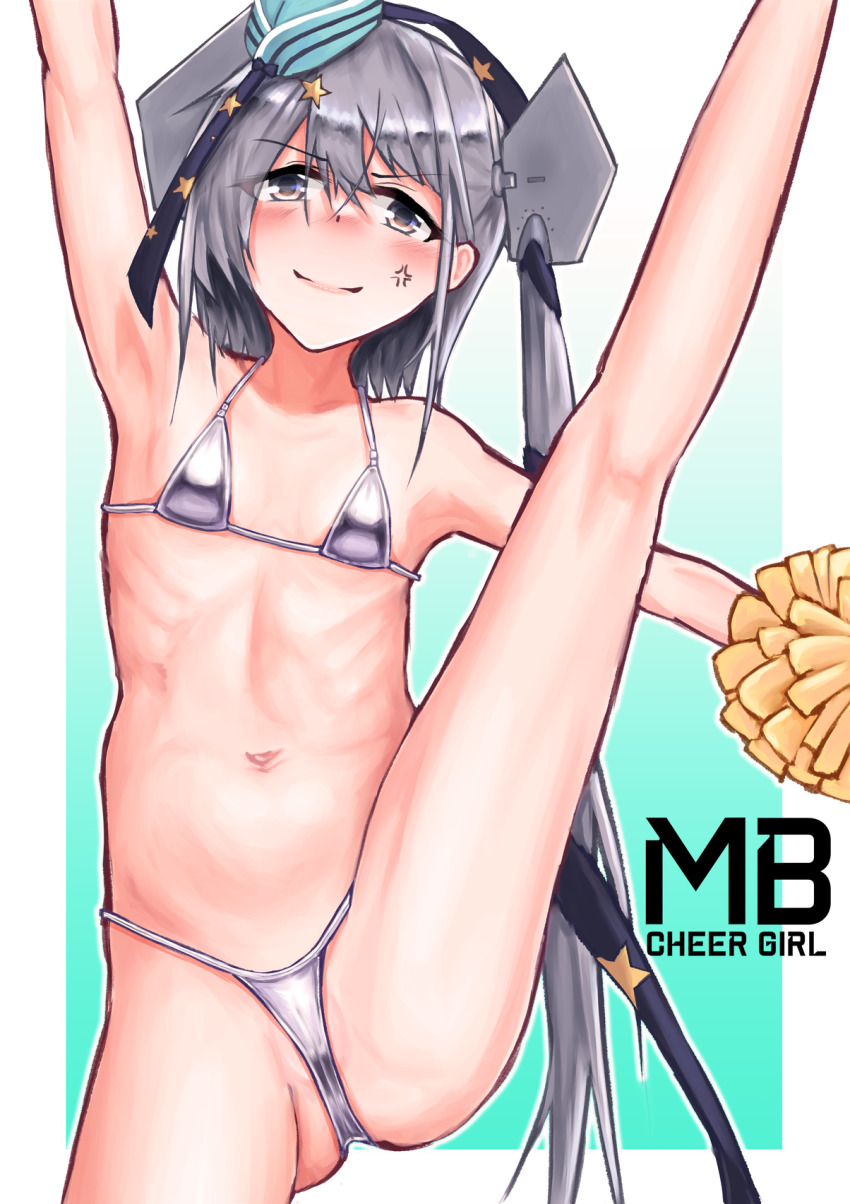 1girl, alternate_costume, aqua_hat, bikini, black_ribbon, cameltoe, cheering, flat_chest
