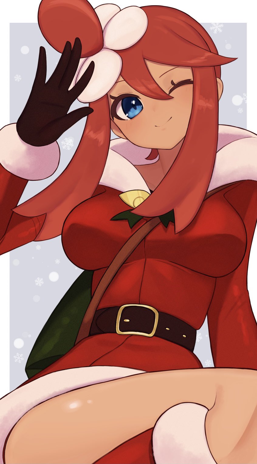 1girl, ;), belt, black_belt, blue_eyes, boots, breasts, closed_mouth