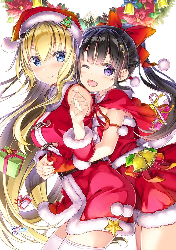 2girls, bell, black_hair, blonde_hair, blue_eyes, blush, bow, bowtie