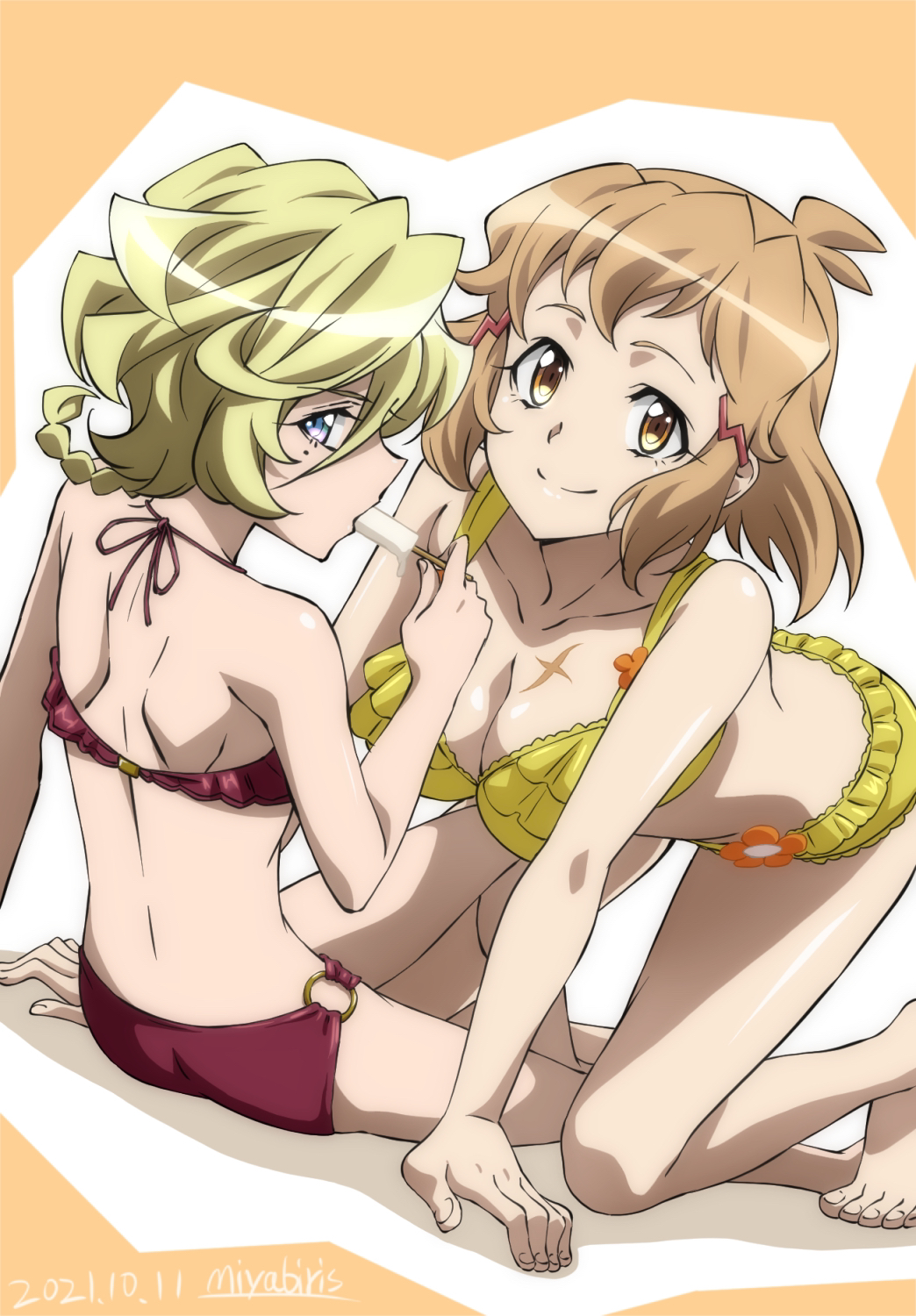 2girls, bikini, blonde_hair, blue_eyes, blush, braid, braided_ponytail, breasts
