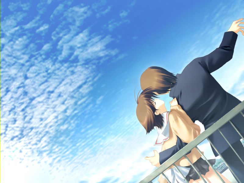 1boy, 1girl, arm_around_another's_waist, bow, brown_hair, cardigan, closed_eyes, cloud