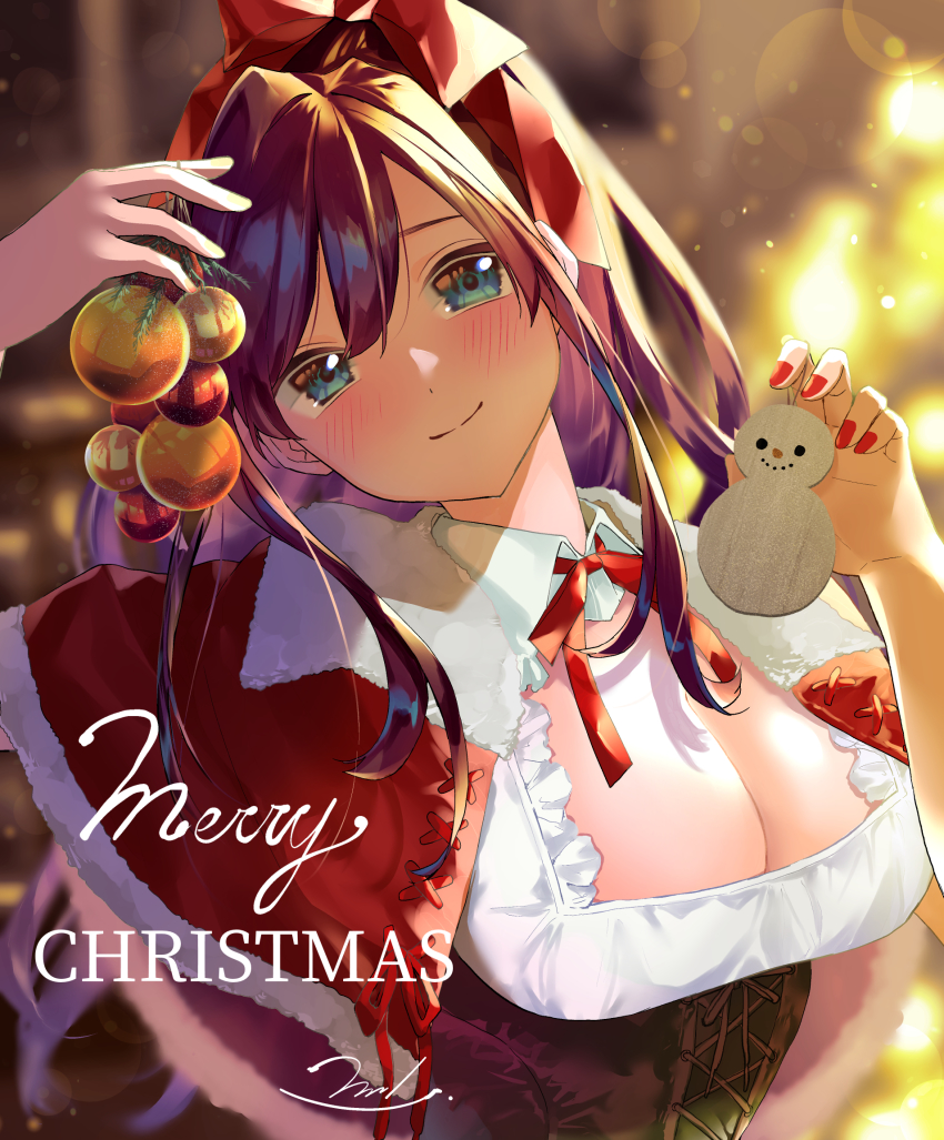 1girl, blue_eyes, blush, breasts, brown_hair, christmas, cleavage, corset