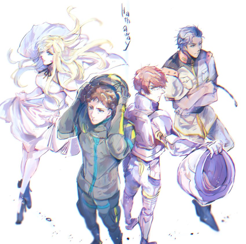 1girl, 3boys, bad_id, bad_twitter_id, black_footwear, black_hair, blonde_hair, boots