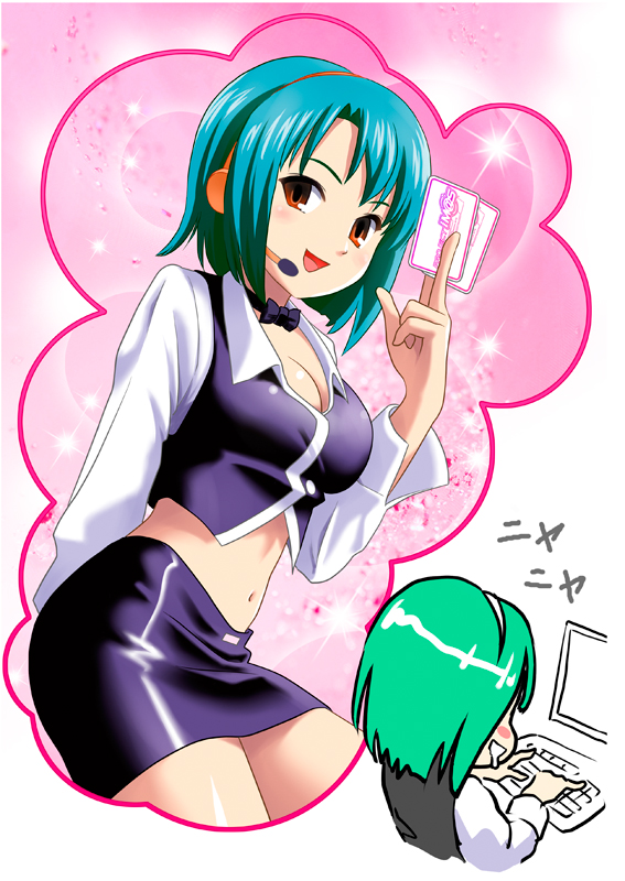 1girl, card, computer, cosplay, croupier, dealer, female_pervert, green_hair