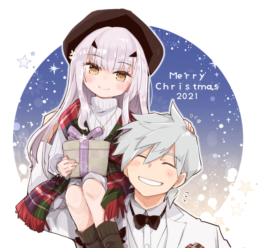1boy, 1girl, beret, bow, bowtie, brown_eyes, carrying, christmas_present
