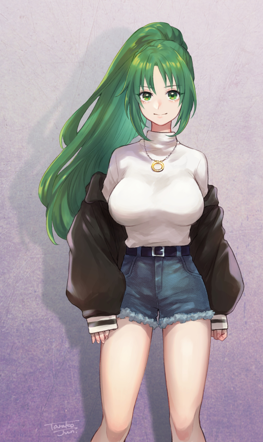 1girl, breasts, green_eyes, green_hair, highres, higurashi_no_naku_koro_ni, jacket, jewelry