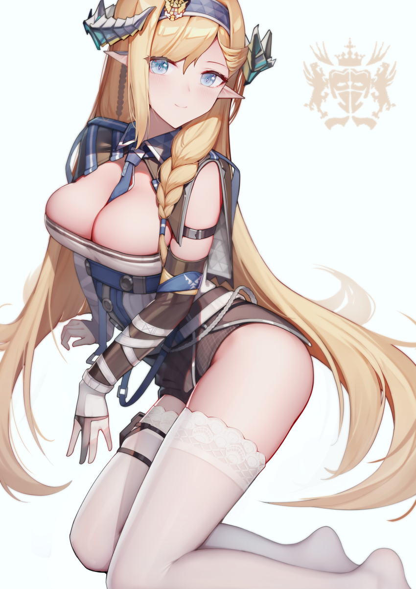 1girl, absurdres, arknights, arm_strap, bare_shoulders, between_breasts, black_gloves, blonde_hair, blue_eyes, blue_hairband, blue_necktie, braid, breasts, cleavage, clothes_between_breasts, commentary, elbow_gloves, gloves, hairband, highres, horns, jean.organ, large_breasts, long_hair, looking_at_viewer, necktie, necktie_between_breasts, no_shoes, saileach_(arknights), simple_background, single_braid, smile, solo, thighhighs, thighs, very_long_hair, victoria_logo, white_background, white_thighhighs