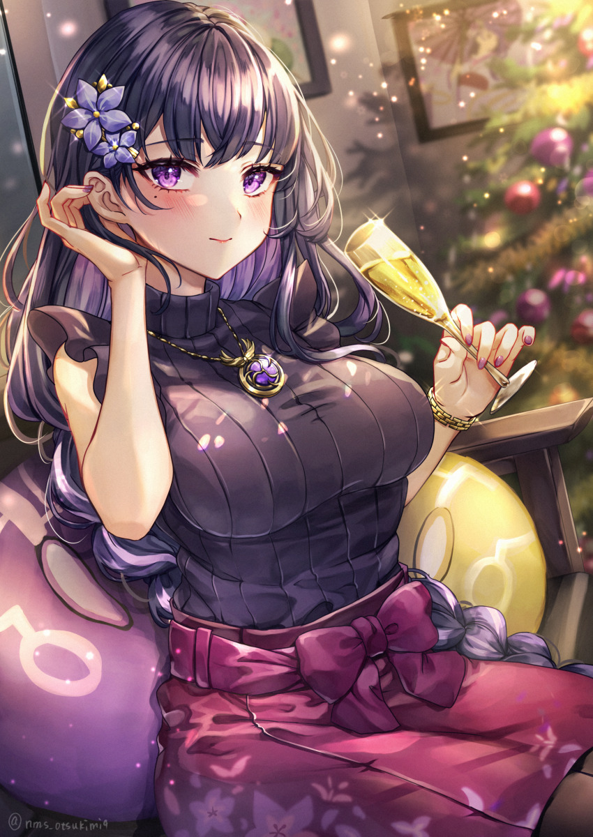 1girl, black_sweater, blush, bracelet, braid, breasts, christmas, christmas_tree