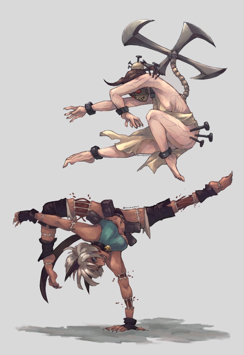 2girls, belt_pouch, blood, bob_cut, breasts, brown_hair, cat_girl, claws, crop_top, cuffs, cyborg, dark-skinned_female, dark_skin, detached_leggings, grey_background, handstand, highres, mask, ms._fortune_(skullgirls), multiple_girls, muscle_fiber, neck_bell, nilam_sari, painwheel_(skullgirls), pouch, red_eyes, revealing_clothes, ribs, scar, shackles, short_hair, sideboob, skullgirls, underboob, veins, white_hair