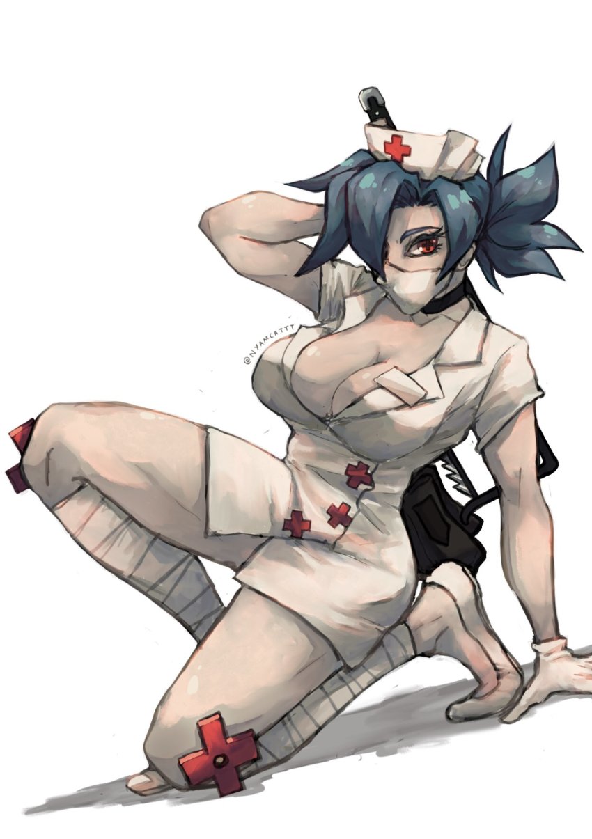 1girl, blue_hair, bonesaw, breasts, choker, cleavage, gloves, hair_over_one_eye