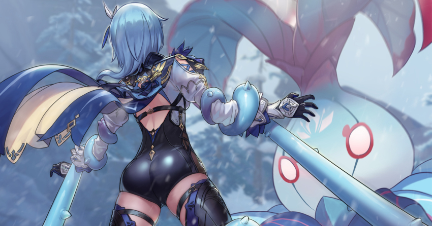1girl, ass, back, backless_leotard, bound, bound_legs, bound_wrists, cape, defeat, eula_(genshin_impact), genshin_impact, gloves, hair_ornament, leotard, long_sleeves, monster, outdoors, restrained, sky, snow, standing, tentacles, thighhighs, tree, vambraces, whopperflower_(genshin_impact), yan_(situyan0303)