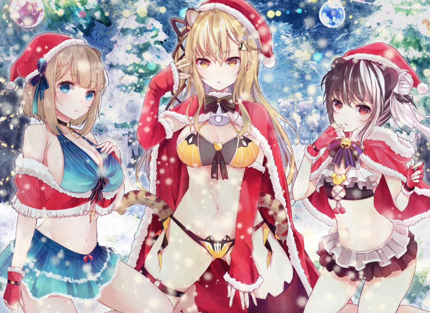 3girls, animal_ears, bell, black_bow, black_hair, blonde_hair, blue_eyes, blue_skirt