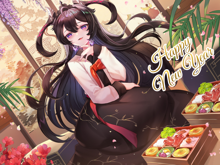 1girl, ahoge, bento, black_hair, earrings, epic_seven, flower, food