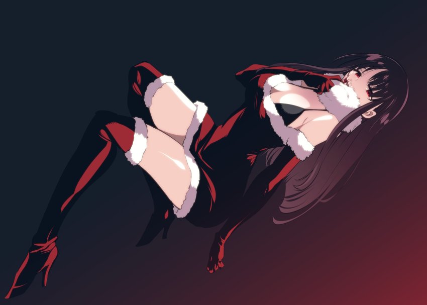 1girl, bikini, black_bikini, black_hair, boots, breasts, cleavage, dress