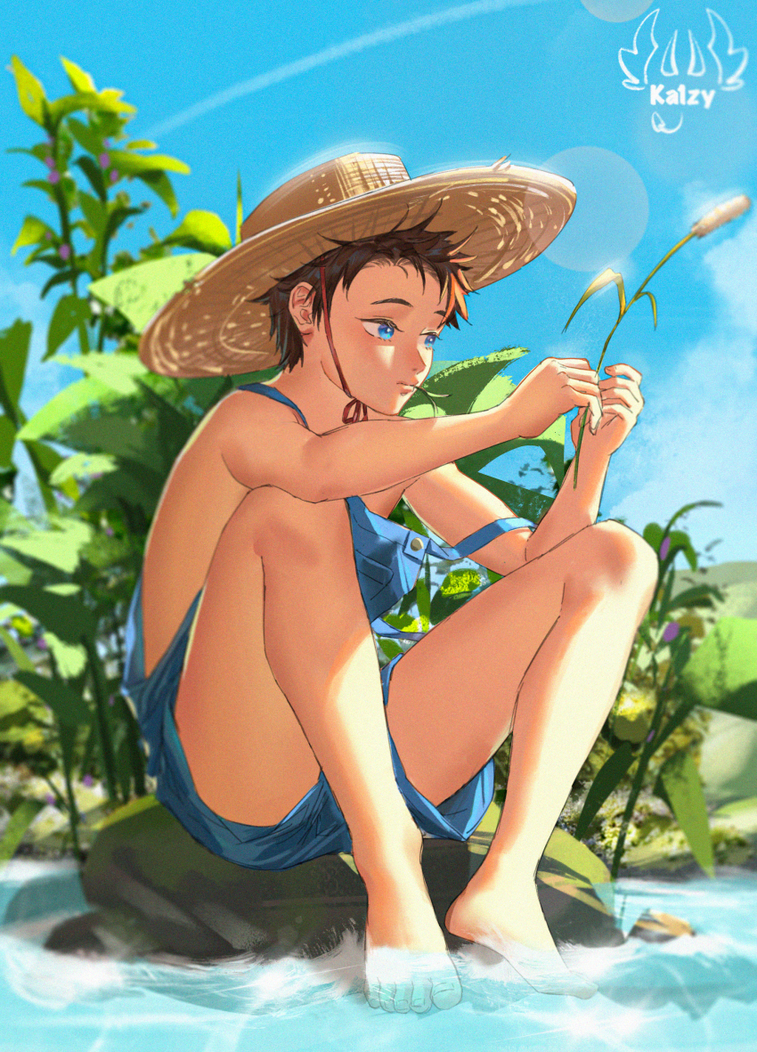 1boy, absurdres, artist_name, bare_arms, bare_legs, bare_shoulders, barefoot, blue_eyes, blue_overalls, blurry, brown_hair, day, depth_of_field, elbow_on_knee, expressionless, feet, hands_up, hat, highres, holding, kaizy, knees_up, lens_flare, looking_away, male_focus, mouth_hold, naked_overalls, original, outdoors, overalls, rock, short_hair, shota, signature, soaking_feet, solo, spread_legs, stalk, stalk_in_mouth, strap_slip, straw_hat, sun_hat, sunlight, vegetation, water