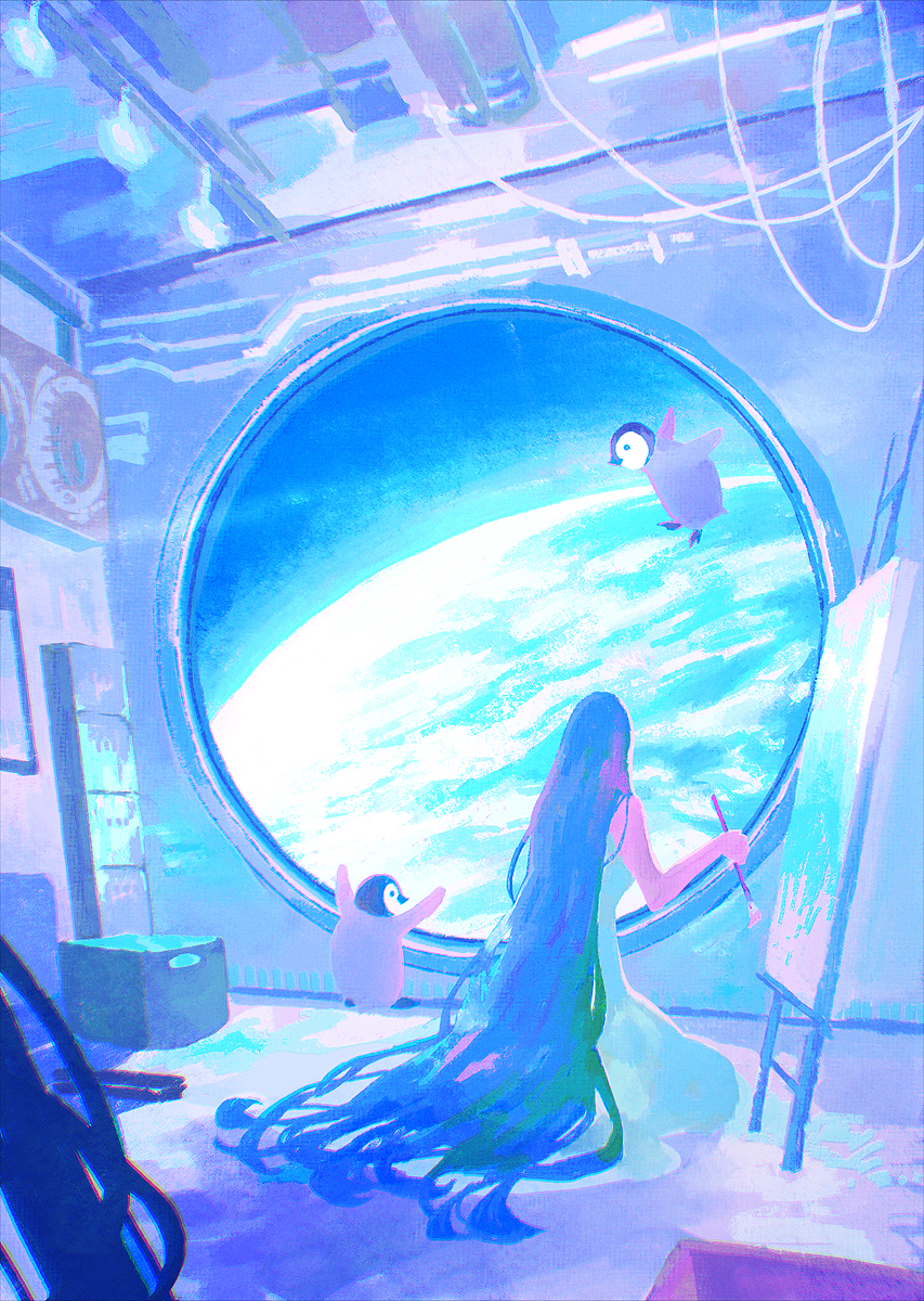 1girl, absurdly_long_hair, bird, blue_hair, blue_theme, cable, canvas_(object), earth_(planet), highres, holding, holding_brush, long_hair, looking_afar, original, painting_(action), pastel_colors, penguin, planet, solo, space, spacecraft, spacecraft_interior, straight_hair, tabisumika, very_long_hair, wide_shot, zero_gravity