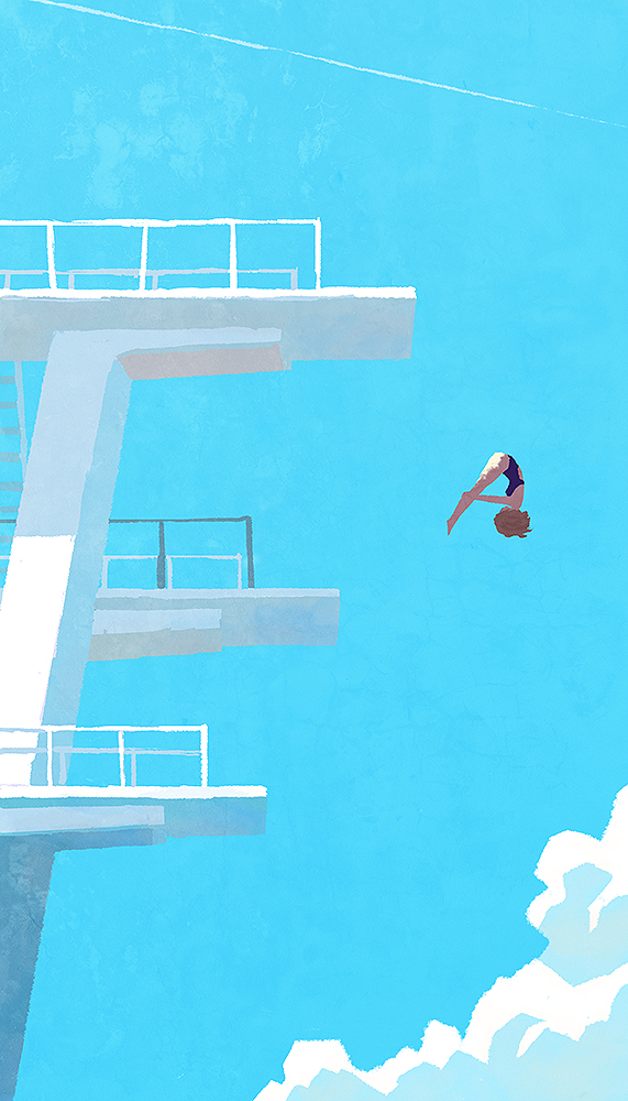 1girl, backlighting, bare_arms, bare_legs, bare_shoulders, barefoot, blue_sky, blue_one-piece_swimsuit