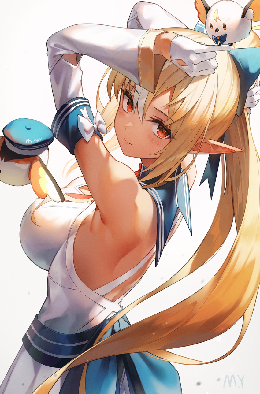 1girl, arms_up, artist_name, backless_dress, backless_outfit, beret, bird, blonde_hair