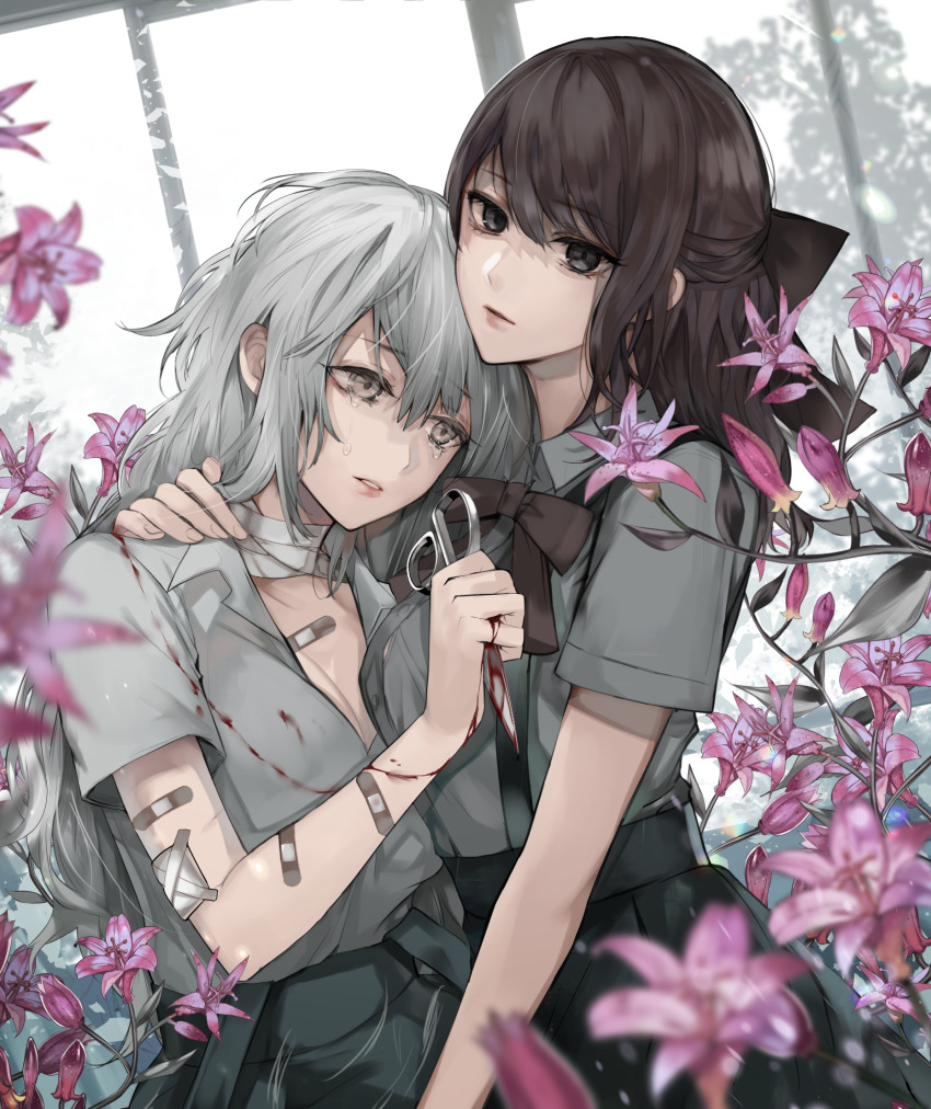 2girls, bandaged_neck, bandages, bandaid, bandaid_on_arm, black_eyes, black_skirt, bleeding, blood, blood_on_scissors, blurry, blurry_foreground, bow, breasts, brown_bow, brown_hair, cleavage, crying, crying_with_eyes_open, flower, grey_eyes, grey_hair, hair_between_eyes, highres, holding, holding_scissors, injury, long_hair, looking_at_viewer, multiple_girls, original, parted_lips, pink_flower, scissors, self-harm, skirt, suspender_skirt, suspenders, tcb, tears, window, yuri