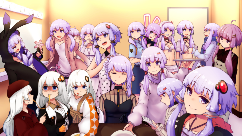 6+girls, :p, a.i._voice, absurdres, animal_ears, animal_hood, animal_print, apron