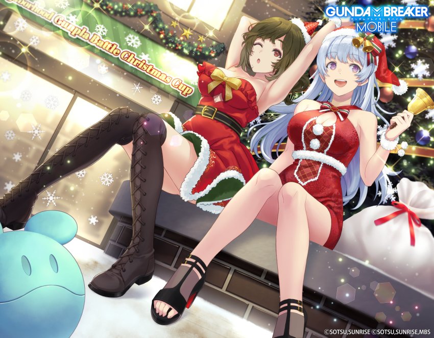2girls, absurdres, armpits, artist_request, bare_arms, bare_shoulders, bell, belt, blue_eyes, boots, breasts, brown_eyes, brown_hair, christmas, christmas_ornaments, christmas_tree, cleavage, cleavage_cutout, clothing_cutout, copyright_name, copyright_notice, diffraction_spikes, dress, dutch_angle, english_text, full_body, fur-trimmed_dress, fur_trim, garland_(decoration), gift_bag, gundam, gundam_breaker_mobile, hard-translated, haro, high_heels, highres, knee_boots, knees_together_feet_apart, kotomori_ran, lace-up_boots, lens_flare, mature_female, medium_breasts, mochizuki_nao_(gundam_breaker_mobile), mole, mole_under_eye, mole_under_mouth, multiple_girls, no_bra, no_socks, official_art, one_eye_closed, open_mouth, promotional_art, purple_eyes, running_bond, sack, sandals, short_dress, sitting, snow, snowflakes, snowing, sparkle, star_(symbol), strapless, strapless_dress, thighs, third-party_edit, toenails, toes, translated, wink