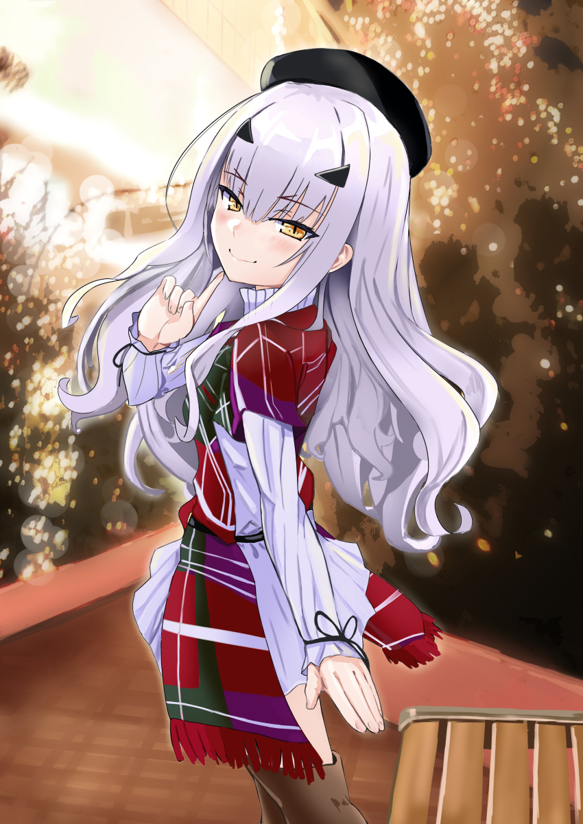 1girl, absurdres, bench, beret, boots, fate/grand_order, fate_(series), forked_eyebrows, hat, highres, kebab_(blackdoll), looking_at_viewer, melusine_(fate), melusine_(holy_heart)_(fate), ribbed_shirt, scarf, shirt, silver_hair, smile, thigh_boots, thighhighs, yellow_eyes