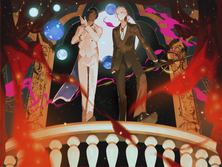 2boys, adjusting_clothes, adjusting_gloves, alternate_costume, arjuna_(animejapan_2016)_(fate), arjuna_(fate), black_gloves, black_hair