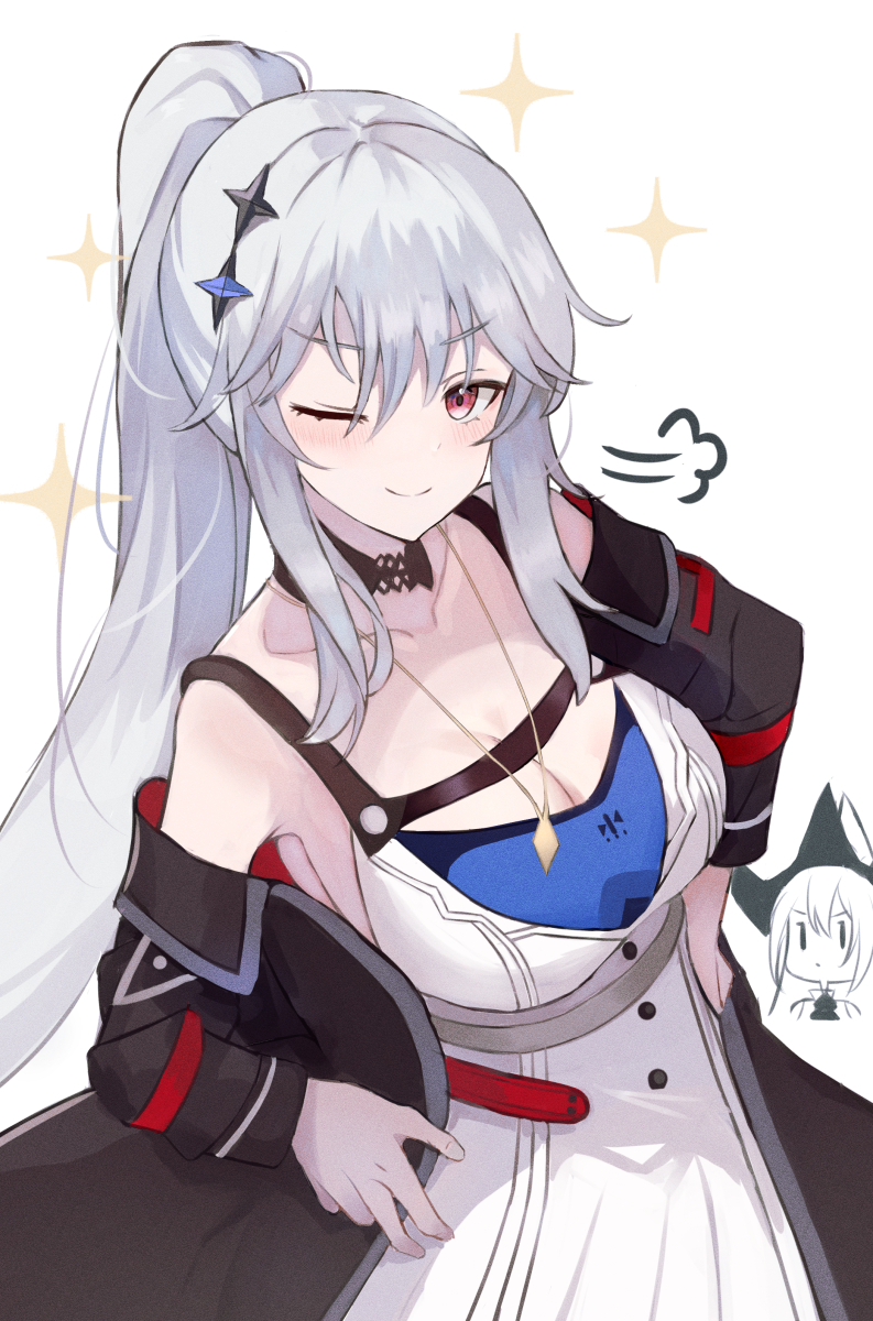 2girls, ;), alternate_costume, arknights, bare_shoulders, black_choker, black_jacket, blush