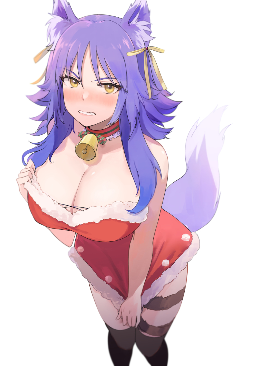 1girl, alternate_costume, animal_ear_fluff, animal_ears, bell, christmas, dress, fur-trimmed_dress