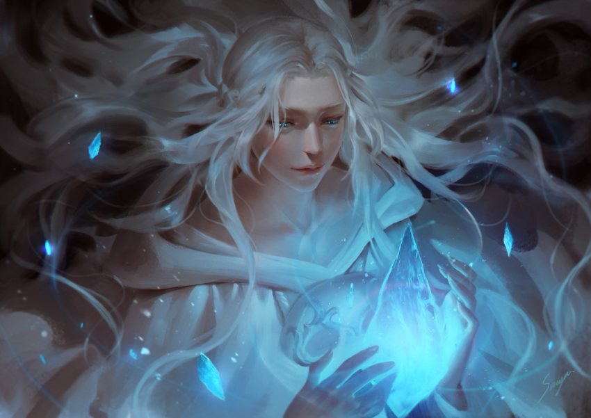 1girl, absurdres, artist_name, blue_eyes, braid, collarbone, commentary, crystal