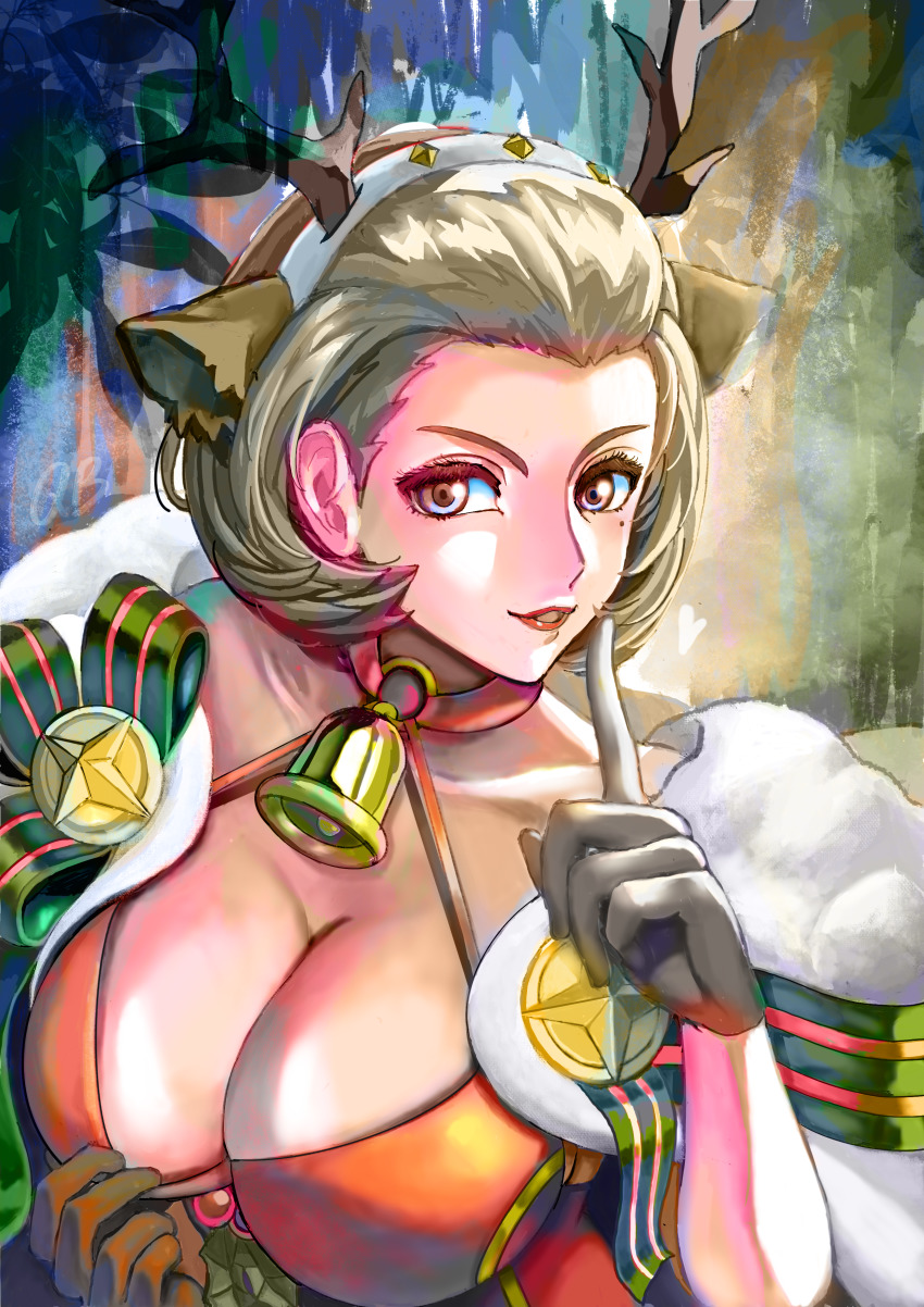 1girl, absurdres, animal_costume, animal_ears, antlers, bell, breasts, cape