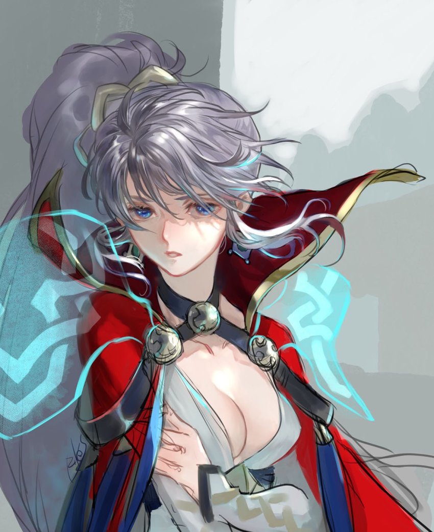 alternate_costume, blue_eyes, breasts, cape, cleavage, collarbone, commentary, crossed_arms