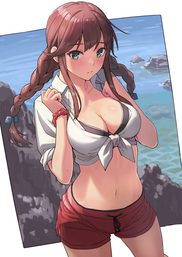 1girl, bikini, black_bikini, blush, braid, breasts, brown_hair, cleavage