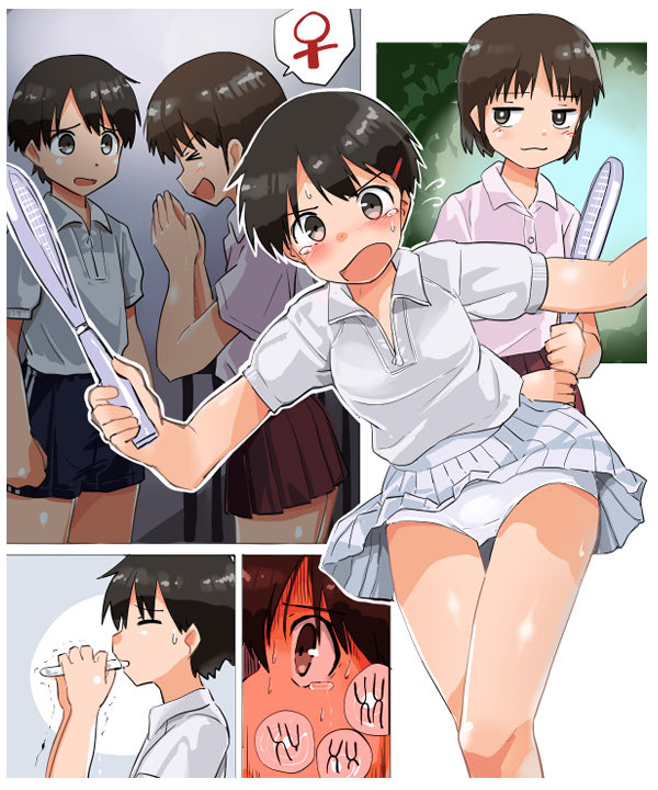 >_<, 1boy, 2girls, black_hair, blush, border, closed_eyes, genderswap