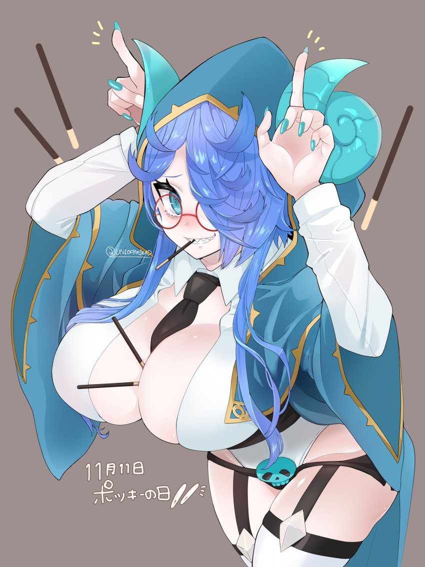 1girl, artist_name, blue_eyes, blue_hair, blue_horns, breasts, brown_background, candy, cape, demon_girl, eating, horns_pose, food, food_in_mouth, glasses, guardian_tales, hair_over_one_eye, highres, horns, index_finger_raised, large_breasts, leotard, long_hair, mad_scientist_gremory, necktie, pocky, sharp_teeth, smile, teeth, uniofthedead