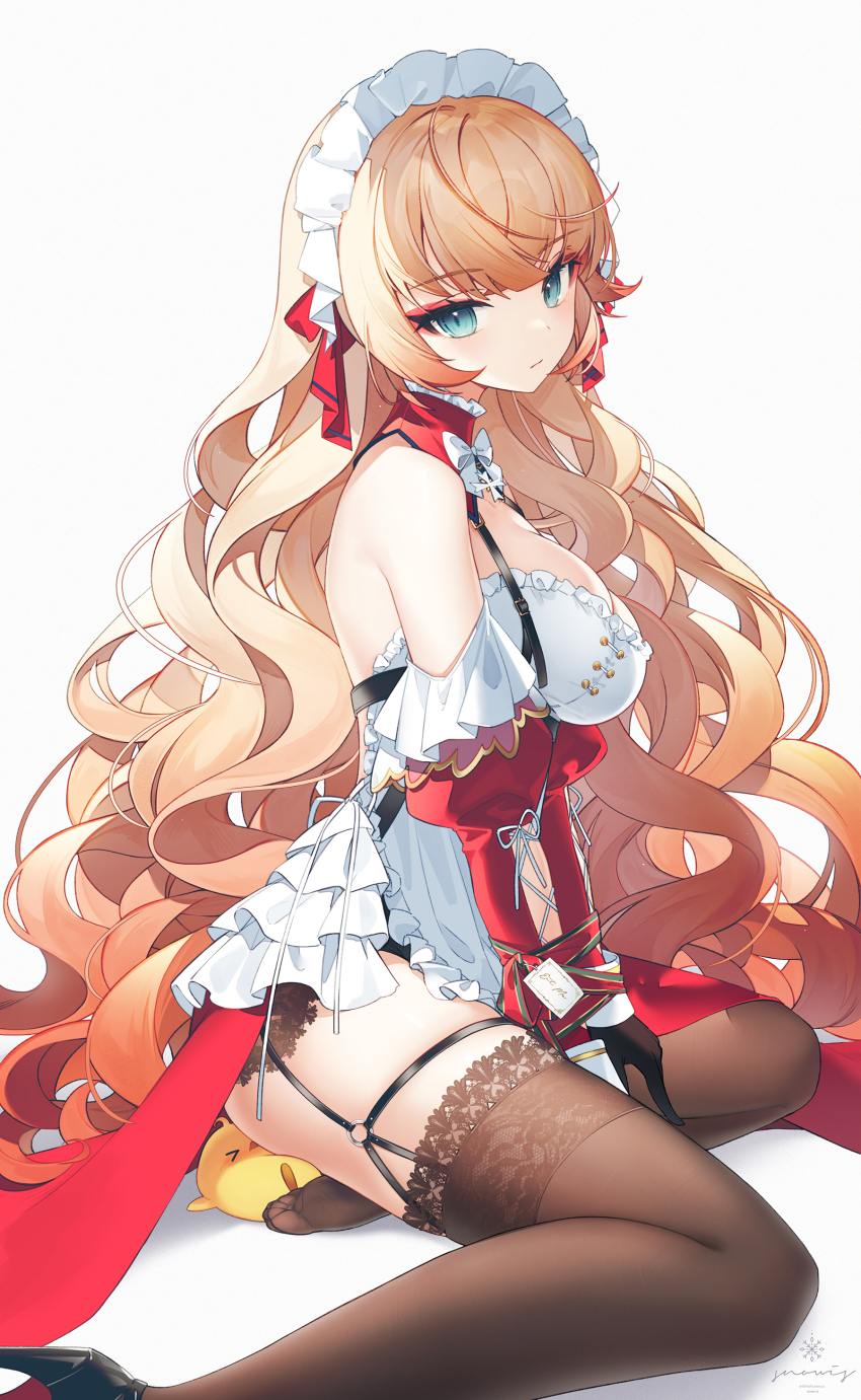1girl, absurdres, apron, azur_lane, baby_animal, bare_shoulders, between_legs, bird, blonde_hair, blue_eyes, breasts, brown_thighhighs, chick, detached_sleeves, dress, eyeshadow, frilled_dress, frills, garter_belt, garter_straps, headdress, high_heels, highres, howe_(azur_lane), howe_(pastry_princess)_(azur_lane), juliet_sleeves, large_breasts, long_hair, long_sleeves, looking_at_viewer, maid, maid_apron, maid_headdress, makeup, manjuu_(azur_lane), o-ring, o-ring_garter_belt, official_alternate_costume, patent_heels, puffy_sleeves, pumps, shoes, short_dress, sitting, snow_is, solo, spaghetti_strap, thighhighs, thighs, very_long_hair, wariza, wavy_hair, white_dress