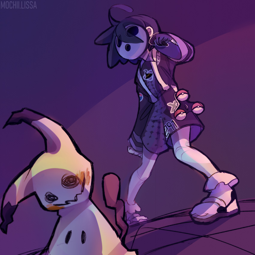 1boy, ahoge, allister_(pokemon), black_hair, collared_shirt, commentary, from_below, gen_7_pokemon