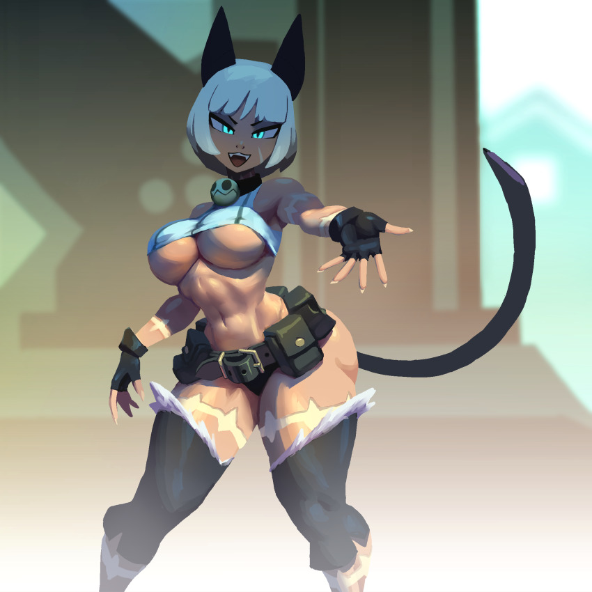 1girl, :3, bare_shoulders, belt_pouch, blue_eyes, bob_cut, breasts, bridge, cat_girl, crop_top, dark-skinned_female, dark_skin, detached_leggings, fangs, fingerless_gloves, gloves, highres, large_breasts, ms._fortune_(skullgirls), navel, neck_bell, noonun, open_mouth, outstretched_hand, pouch, scar, short_hair, skullgirls, smile, solo, tail, thick_thighs, thighs, underboob, white_hair