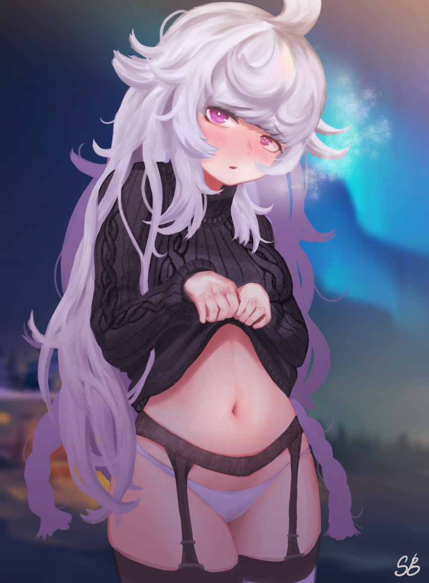 1girl, ahoge, aran_sweater, aurora, black_sweater, blush, braid, cable_knit, clothes_lift, garter_belt, garter_straps, highres, last_origin, long_hair, looking_at_viewer, messy_hair, navel, night, outdoors, panties, purple_eyes, shoeguy, sky, solo, sweater, sweater_lift, thighhighs, twin_braids, ullr_(last_origin), underwear, very_long_hair, white_hair, white_panties, white_thighhighs