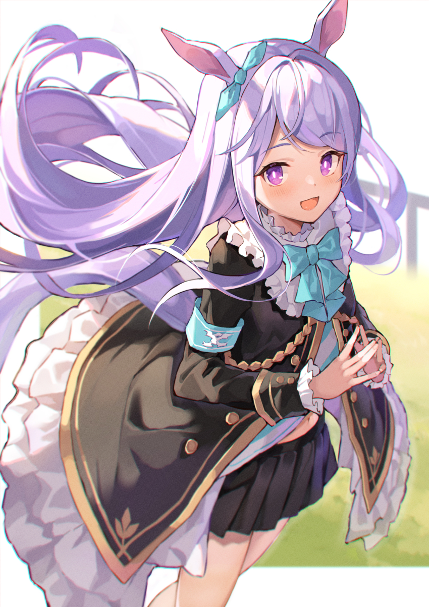 1girl, :d, absurdres, animal_ears, armband, black_coat, black_skirt, blue_bow