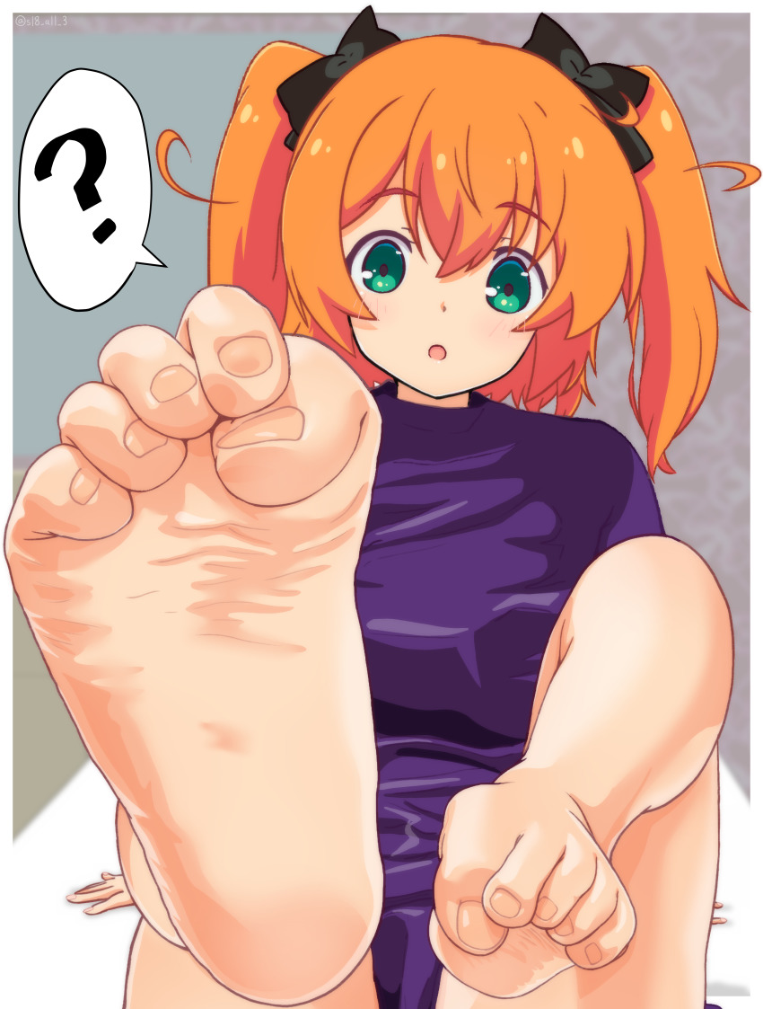 1girl, absurdres, barefoot, black_ribbon, feet, foot_focus, green_eyes, hair_ribbon, highres, kaitou_tenshi_twin_angel, minazuki_haruka_(twin_angel), open_mouth, orange_hair, ribbon, sl8-all, soles, solo, toes, twin_angel