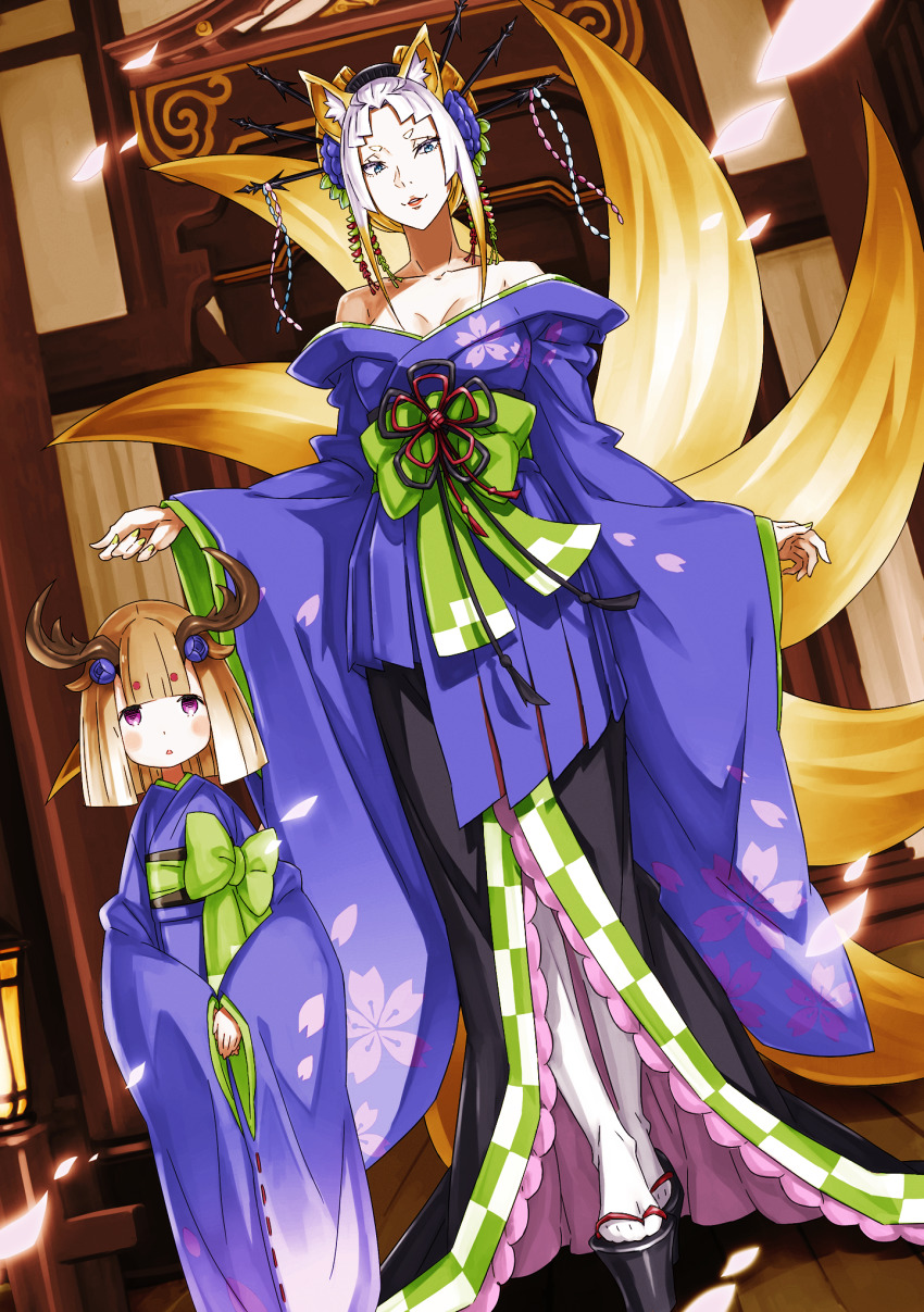 2girls, animal_ear_fluff, animal_ears, blonde_hair, blue_dress, blue_eyes, brown_hair, cherry_blossoms