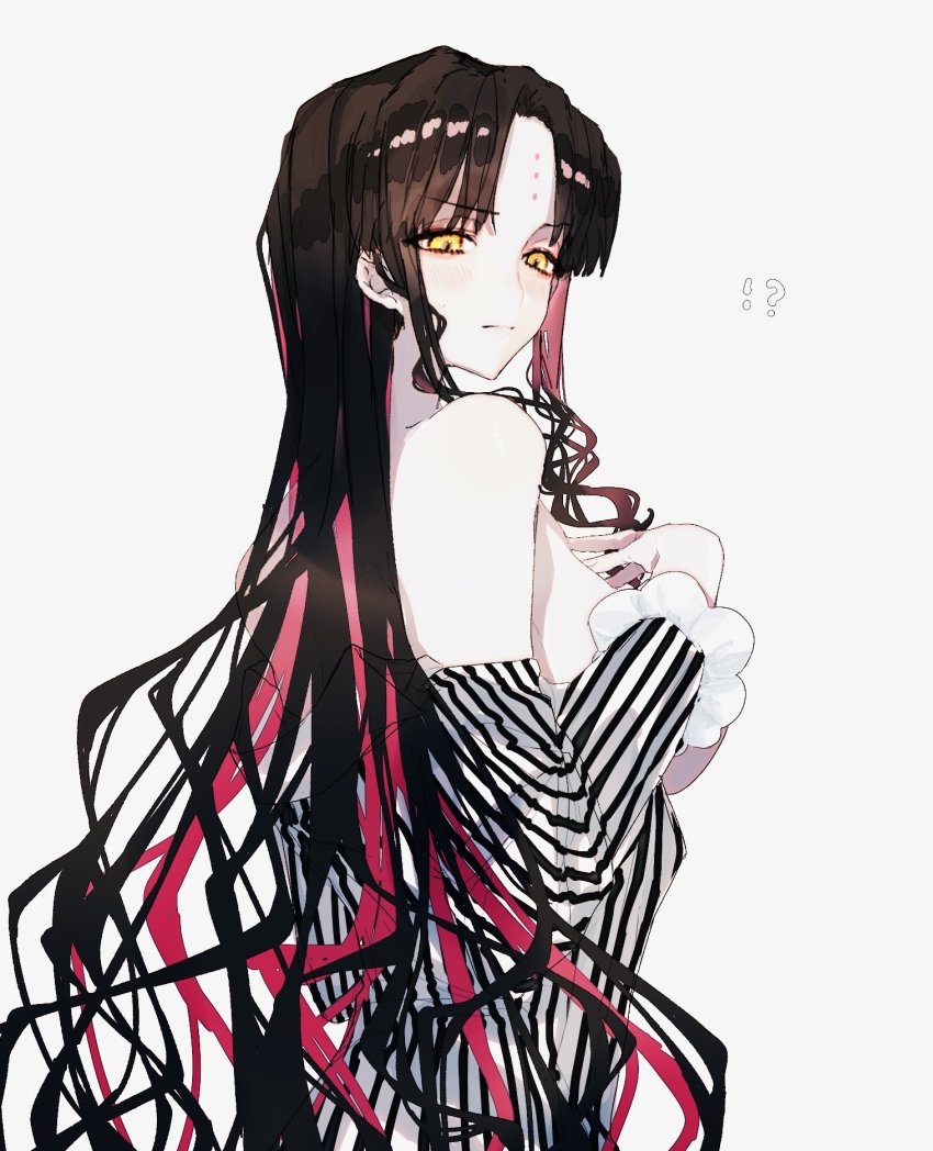 !?, 1girl, bare_shoulders, black_hair, blush, breasts, closed_mouth, commentary