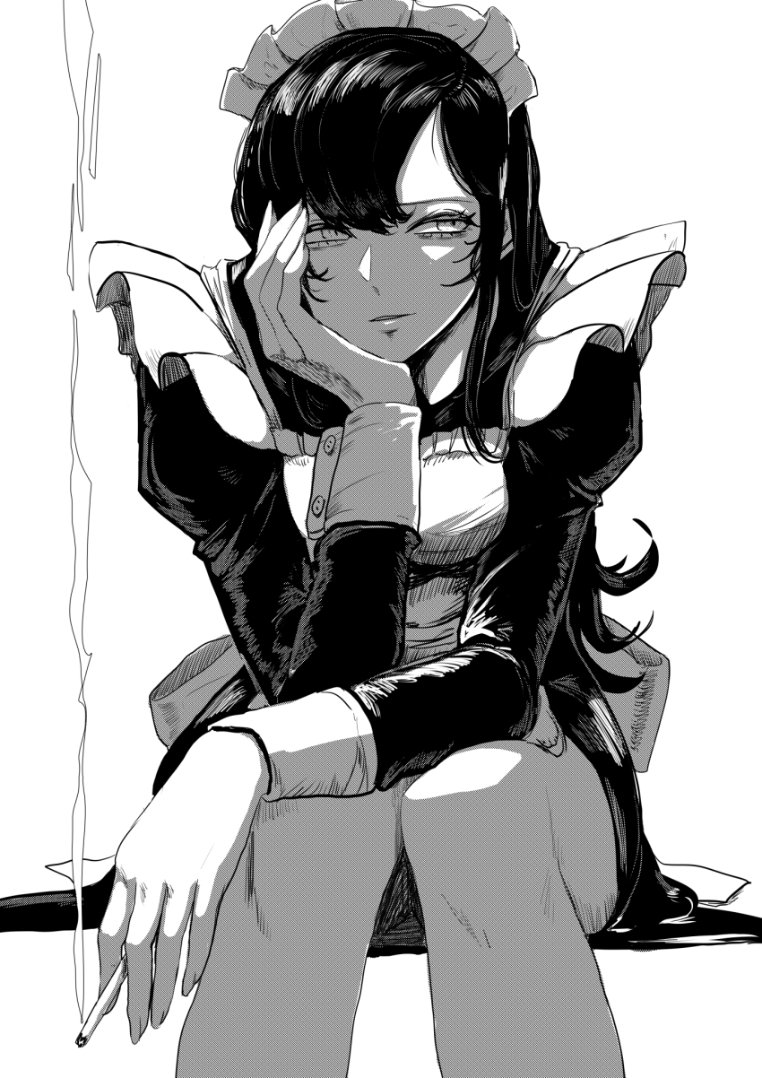 1girl, apron, black_hair, black_skirt, breasts, cigarette, fufu_(fufuichi04), greyscale