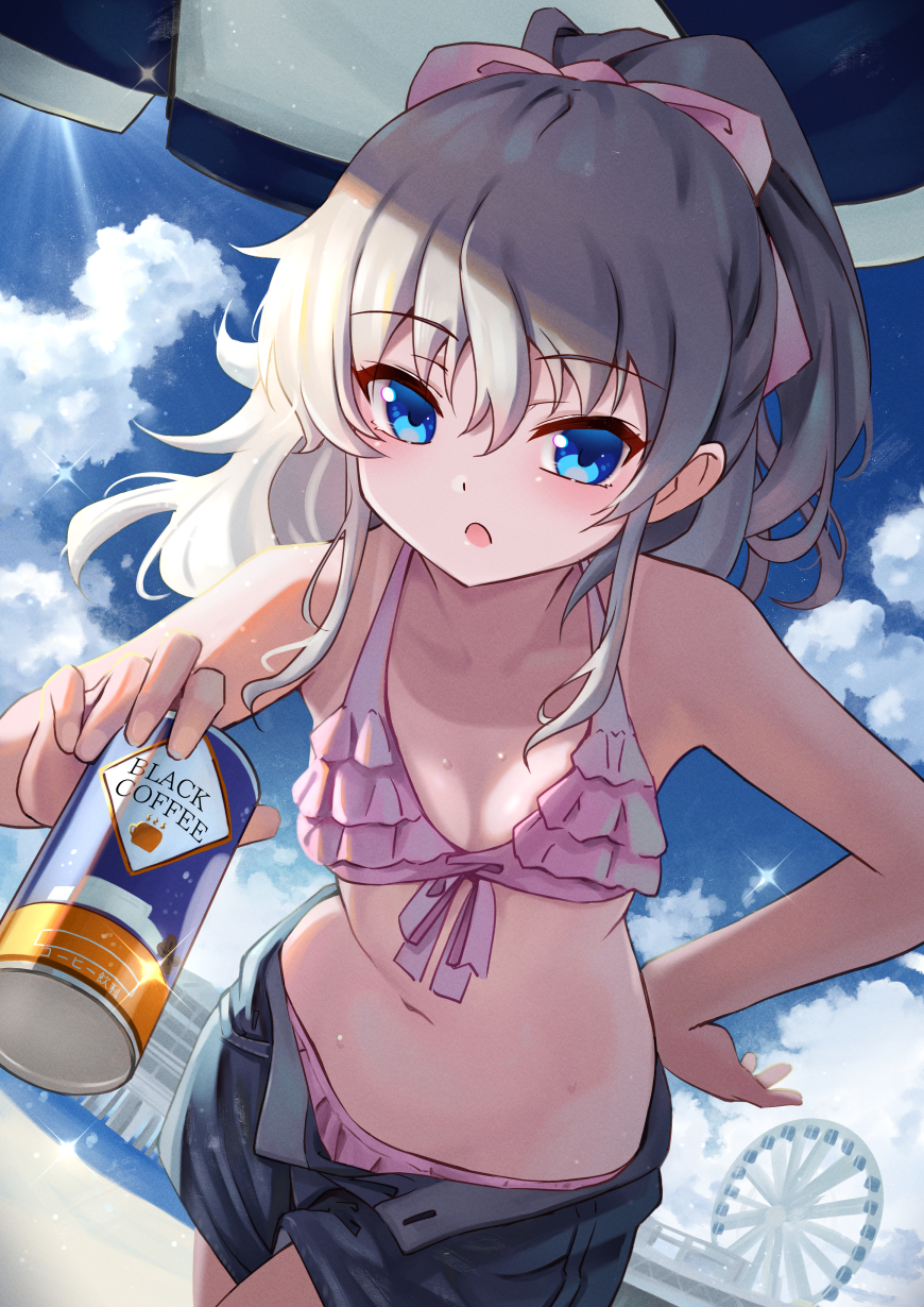 1girl, bikini, black_shorts, blue_eyes, blue_sky, breasts, can, canned_coffee, charlotte_(anime), cloud, commission, day, drink_can, dutch_angle, ferris_wheel, frilled_bikini, frills, hair_ribbon, highres, long_hair, netherlands, outdoors, pink_bikini, pink_ribbon, ponytail, ribbon, shorts, silver_hair, skeb_commission, sky, small_breasts, solo, swimsuit, tagame_(tagamecat), tomori_nao