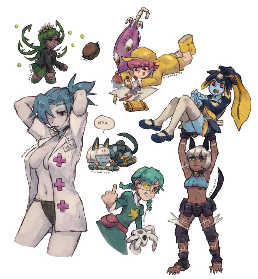 6+girls, android, annie_(skullgirls), arms_behind_head, arms_up, ass, belt, belt_buckle, belt_pouch, blue_hair, blue_skin, bob_cut, book, braid, breasts, buckle, carrying, cat_girl, cleavage, colored_skin, crayon, dark-skinned_female, dark_skin, detached_leggings, drawing, eyepatch, fish_girl, fukua_(skullgirls), fundoshi, green_hair, hair_ornament, highres, hungern_(skullgirls), japanese_clothes, large_breasts, middle_finger, minette_(skullgirls), ms._fortune_(skullgirls), multiple_girls, name_tag, navel, necktie, nilam_sari, pleated_skirt, ponytail, pouch, red_eyes, robo-fortune, sagan_(skullgirls), scar, school_uniform, shell, shell_hair_ornament, short_hair, skirt, skullgirls, smile, speech_bubble, thighhighs, tongue, tongue_out, twin_braids, umbrella, umbrella_(skullgirls), underboob, valentine_(skullgirls), white_background, white_hair, yellow_eyes